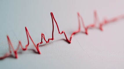 Creative red wire wave shaped as irregular ECG line waveform representing heartbeat and cardiac arrhythmia