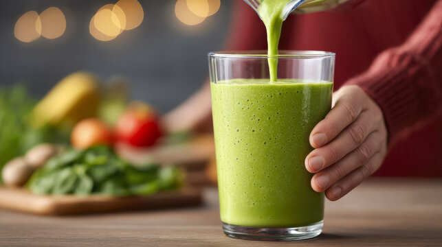 Preparing a healthy green protein smoothie with high-speed blender for a nutritious boost