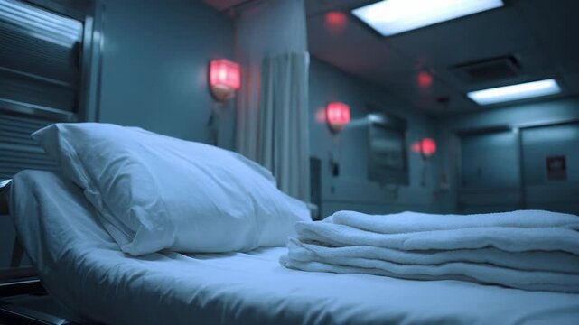 Silent Vigil: An empty hospital bed stands in a sterile, dimly lit room, suggesting themes of rest, healing, and possibly loss. The soft lighting casts long shadows.