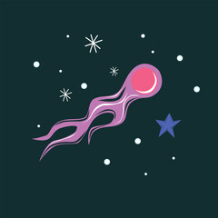 A whimsical illustration of a vibrant purple squid with a pink head, swimming amidst a starry night sky filled with white stars and a blue star, set against a dark background.