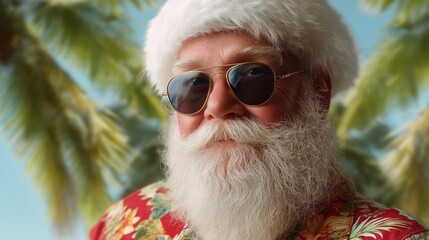santa claus wearing sunglasses, a hawaiian shirt, and a hat with christmas tree decorations, set against a background of palm trees and the sea or ocean. a tropical christmas concept