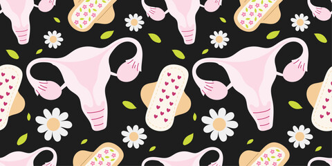 Menstrual health pattern with pink uterus illustrations, decorative sanitary pads with hearts and floral motifs, white daisies and green leaves on a dark background. Feminine design.