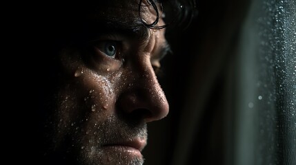 portrait of a man sitting in darkness, rain dripping down his face, cinematic lighting from a single window, emotional depth, melancholic realism, 