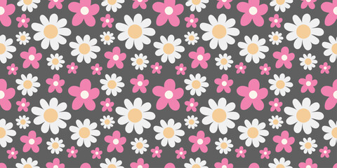 Seamless floral pattern with white daisy flowers with soft yellow centers and playful pink blossoms on  dark grey background. Simple design with repeating spring and summer motifs, perfect for textile
