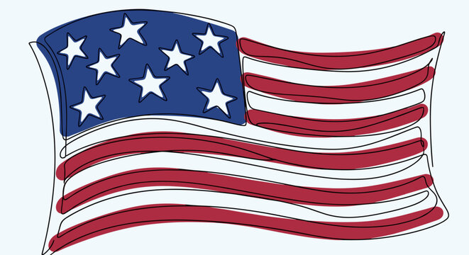 American flag stylized continuous line art filled with patriotic red, white and blue, symbolic mood, abstract national pride