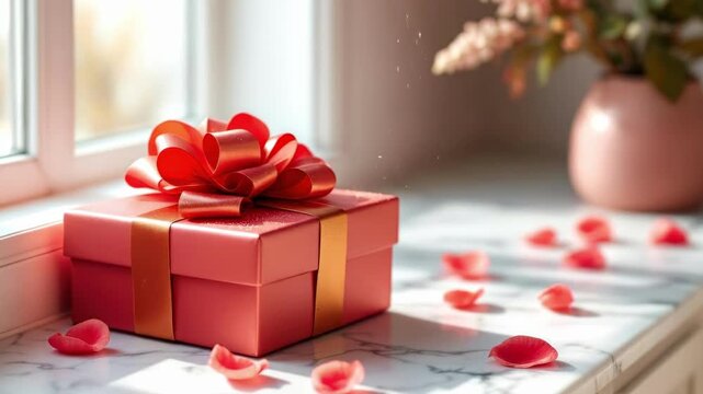 Elegant gift box with red bow and rose petals on sunny marble window sill. The 14th of February. Happy Valentine's Day