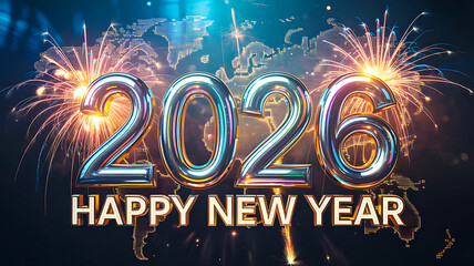 “2026 Happy New Year” greeting with metallic text, fireworks, and illuminated world map in blue and gold tones