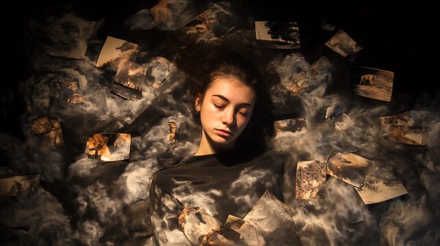 fine art portrait of a woman surrounded by floating ash and burnt photographs, eyes closed in pain, dramatic lighting, dark poetic atmosphere, 