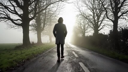 A man walks down a road with an open umbrella held high, providing shelter from the elements in this striking scene, capturing the idea of progress and forward momentum, while the umbrella.
