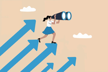 Businesswoman steps up, looking through binoculars for future