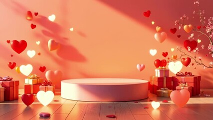 Romantic gift display with hearts and wrapped presents on pink background. The 14th of February. Happy Valentine's Day