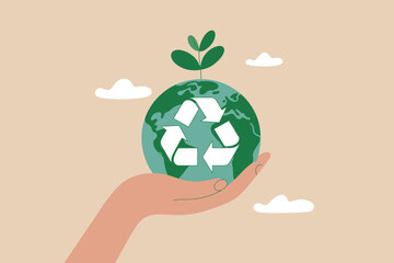 Hand holding earth globe with recycling symbol, plant for ecology.