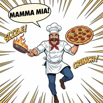 Dynamic Pop Art comic illustration of an excited Italian chef holding a sizzling pan and a pepperoni pizza, exclaiming "MAMMA MIA!" A bold graphic representing cooking, Italian food