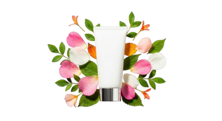 Cosmetic tube mockup with rose petals and leaves isolated on a transparent background