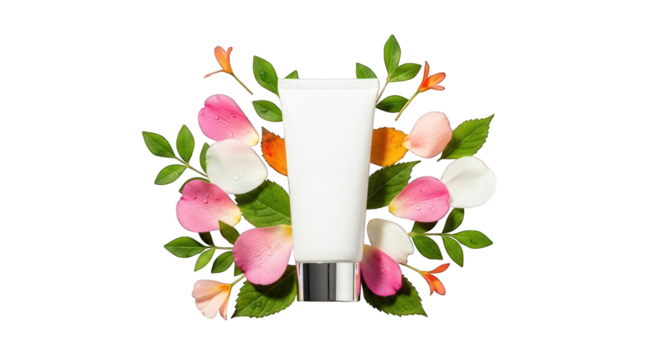 Cosmetic tube mockup with rose petals and leaves isolated on a transparent background - Powered by Adobe