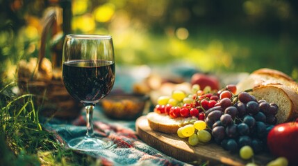 Picnic Gathering With Wine, Fruits, and Fresh Bread in a Sunny Outdoor Setting