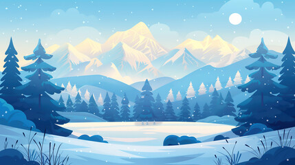 The landscape of the winter forest with spruces and snow-capped mountains in the background