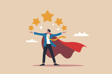 Superhero businessman getting five star rating for great performance