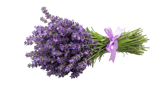 An aromatic lavender bouquet tied with ribbon isolated on a transparent background