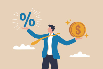 Businessman balances percentage symbol and dollar coin concept