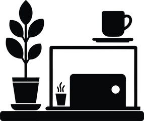 Laptop Coffee Mug and Plant on Desk Black Silhouette Vector Icon