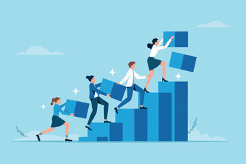 Business team building growth bar chart, collaboration, progress.