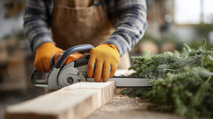 Woodworking in progress: craftsman making precise cut on tree trunk for carpentry