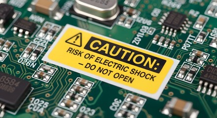 Close-up of a yellow caution label warning of electric shock risk on a green electronic printed circuit board with components