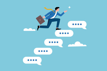 Businessman steps on chat bubbles towards star, achieving goals