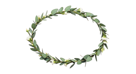 Delicate flower crown with eucalyptus leaves and white blossoms isolated on a transparent background