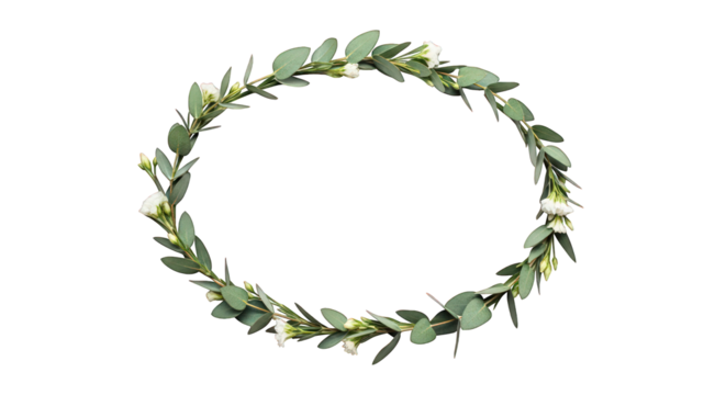 Delicate flower crown with eucalyptus leaves and white blossoms isolated on a transparent background