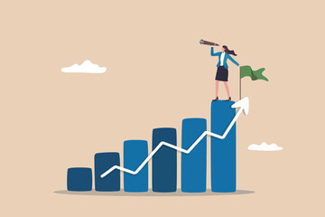 Businesswoman on growth chart looking to future with telescope