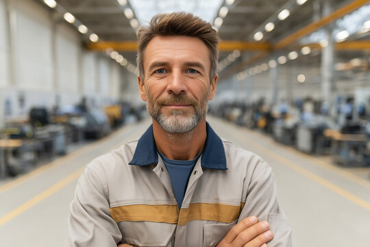Portrait of confident male industrial worker standing in factory aisle with blurred machinery background