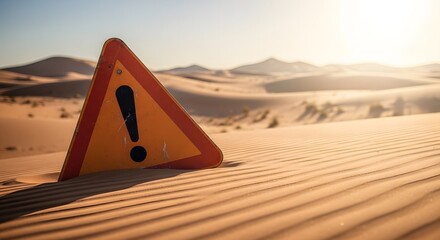 A solitary warning sign with an exclamation mark is half-buried in the shifting sands of a sun-scorched desert, symbolizing a forgotten climate alert