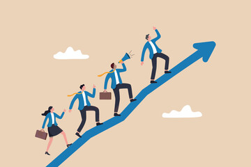 Business team climbing arrow of success, growth and achievement