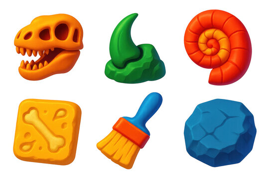 3D Fossil Icons. 3D icon set of fossil discoveries: dinosaur skull, fossilized claw, ammonite spiral, bone imprint, excavation