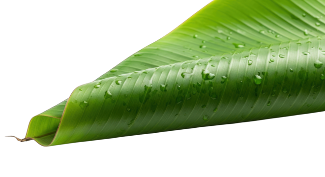 Closeup of a fresh green banana leaf with water droplets isolated on a transparent background