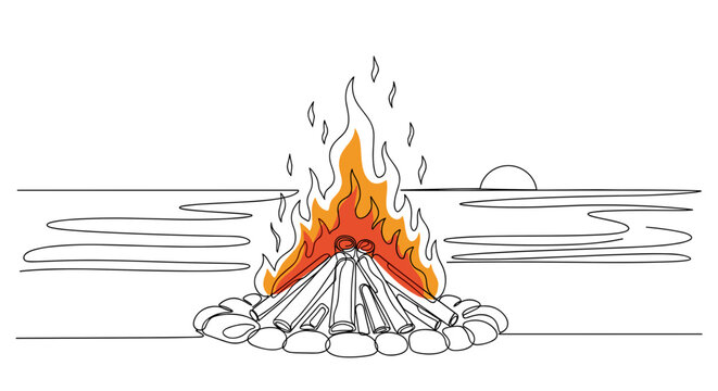 Bonfire on beach minimalistic single line drawing filled with warm orange, festive mood, summer solstice celebration Spain tradition, with copy space