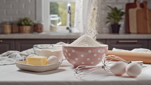 flour in a bowl eggs, rolling pin and whiskey on the kitchen table