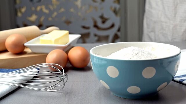 flour in a bowl eggs, rolling pin and whiskey on the kitchen table