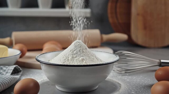 flour in a bowl eggs, rolling pin and whiskey on the kitchen table