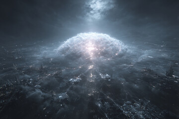 Massive glowing AI neural dome above a futuristic smart city. Digital network connections, cyber systems, cloud intelligence and advanced technology visualization