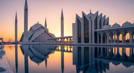 Modern islamic architecture of faisal mosque in islamabad at sunset