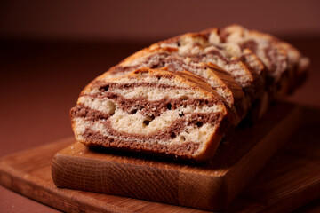close-up of a freshly sliced marble cake on a wooden cutting board with warm lighting highlighting its intricate chocolate and vanilla swirl patterns on a wooden surface, satisfying, indulgence