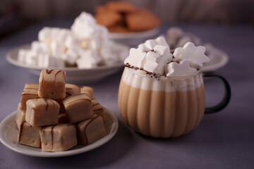 cozy hot chocolate mug with star-shaped marshmallows and caramel fudge squares on elegant plates in a softly lit setting with warm autumn colors, tasty, confectionery, foamysurface, layers, texture