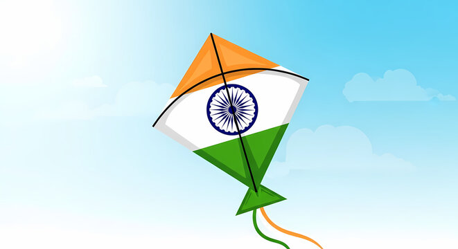 Indian tricolor kite soars high in the bright blue sky, celebrating independence day with patriotic fervor and vibrant colors.