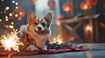 Happy corgi wearing festive chinese attire lies on a red blanket surrounded by holiday decorations and sparkling lights, capturing joyful seasonal spirit