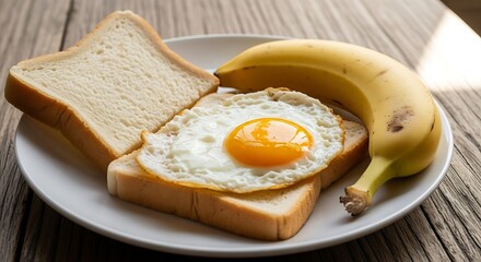 Fototapeta premium A healthy breakfast of fried egg on toast with a banana