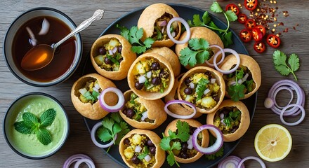 Fototapeta premium Delicious pani puri served in a plate with mint chutney and tamarind water