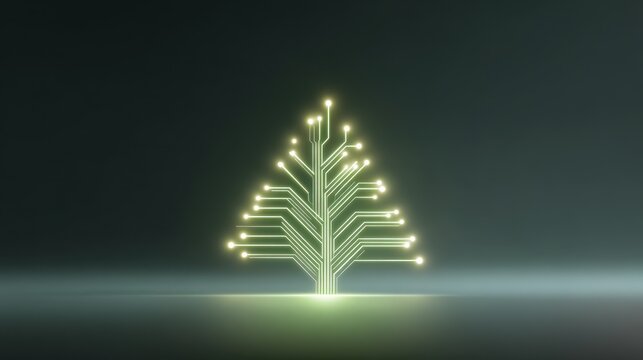 Abstract illustration of a glowing circuit tree design, showcasing intricate lines and nodes, symbolizing technology and nature merging in a modern digital landscape